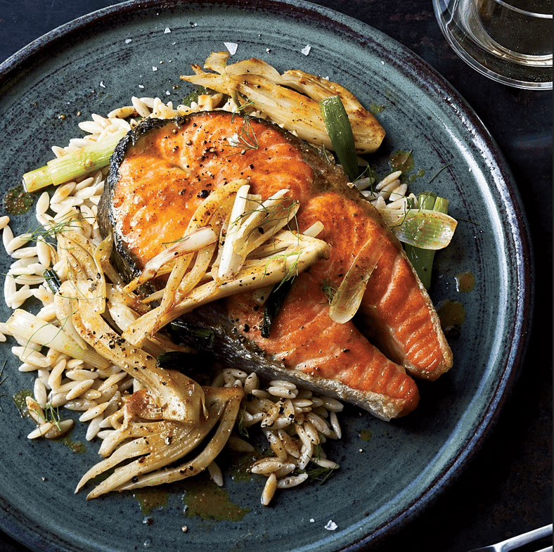 Salmon Steaks with Curried Fennel-Wine Sauce