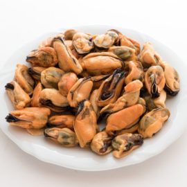 Plate of small mussels. European mussels
