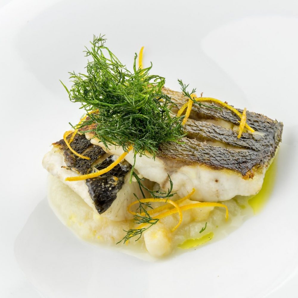 Fish dish slices of sea bass fillets on mashed vegetables