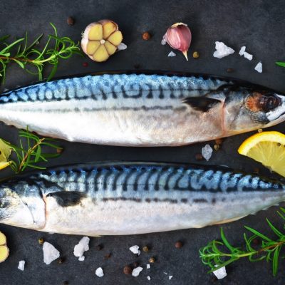 Fresh, raw mackerel with lemon and rosemary on a black backgroun
